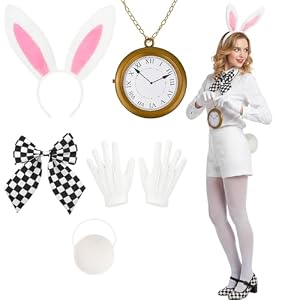 ZYLOUY 5-teiliges White Rabbit Costume, Hasenohren Krawatte Uhr Handschuhe und Schwanz, Weißes Hasenkostüm Erwachsene Kinder, Bunny Kostüm Frauen für Cosplay Karneval Fasching