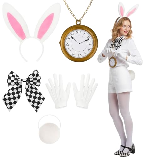 ZYLOUY 5-teiliges White Rabbit Costume Hasenohren Krawatte Uhr Handschuhe und Schwanz Weißes Hasenkostüm Erwachsene Kinder Bunny Kostüm Frauen für Cosplay Karneval Fasching