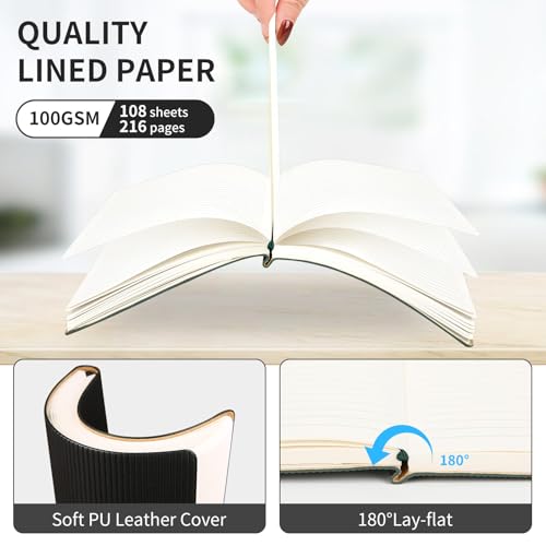 Image of TSFPapier A5 Lined Notebook with Pen & Gift Box 216 Pages PU Leather Journals for Women Men 100GSM Thick Paper College Ruled Notebook for Gifts,School,Travel,Business,Work,Home Writing (Black)