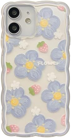 Bolivia's Phone Case, Clear Soft TPU Phone Case, Blueberry Flower Compatible with Phone 12 Perfectly fit Case Cute for Women Girls, Fashion Wave Grip Design and Aesthetic Curly Pattern