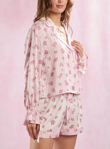 Image of Yiulangde Valentines Heart Bow Pajamas for Women Silk Satin Ruffle Shorts Pjs Tie Front Long Sleeve Shirts Pajamas with Bows