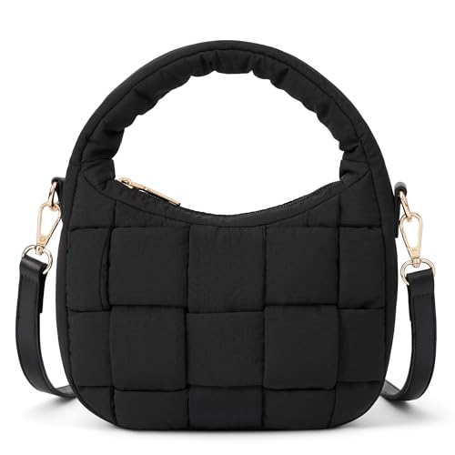 BOSTANTEN Small Puffer Crossbody Bags for Women Mini Purse Nylon Crescent Tote Handbag with Adjustable Strap Black
