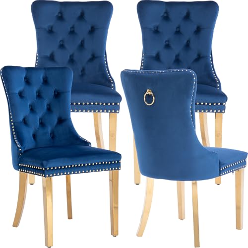 ODUSE-DAILY Velvet Dining Chairs Set of 4, Navy Kitchen & Dining Room Chairs, Nailheads Tufted Chair, Sillas De Comedor, Fabric Upholstered, Golden Metal Legs (Blue, 4 Pcs)