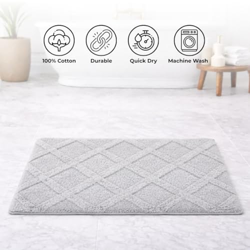 Image of Premium Combed Cotton Tufted Bathmat 45 x 65 cm, 1800 GSM Soft Absorbent Anti Skid Bathroom Floor Mat with Latex Backing, Quick Dry Non Slip Bath Rug for Shower & Daily Use, Diamond Silver