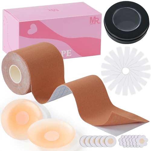 Mr.Tuber Boob Tape Kit, Invisible Nipple Covers & Fashion Tape Set, Reusable Silicone Nipple Pasties, Fashion Tape, Disposable Breast Petals, Invisible Adhesive Bra for Women with Travel Case Beige