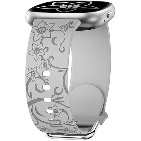 W-RARA Floral Engraved Band Compatible with Fitbit Versa 4/Versa 3/Sense 2/Sense Band Women, Cute Soft Silicone Wildflower Butterflies Pattern Sport Designer Fancy Summer Strap for Versa 4 Cover