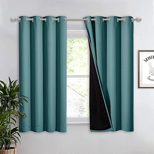 NICETOWN 100% Blackout Curtain with Black Liner, Thermal Insulated 2-Layer Lined Drape, Room Cooling Small Window Drapery for Dining Room (Sea Teal, 1