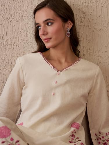 Image of INDO ERA Women's Pure Cotton Embroidered Straight Kurta & Palazzo Set | cotton kurta sets for women