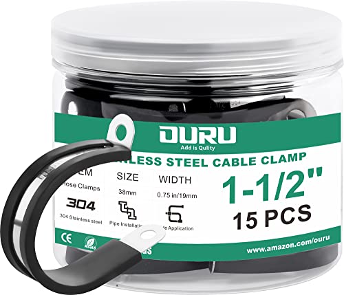 OURU 15pcs 1-1/2 Inch Stainless Steel Cable Clamps,Rubber Coated Cushioned Insulated Cable Clamp,Automotive Cable Wire Clamps,Pipe Clamps,Metal Clamp for Tube,Lines,Wire Cord Installation(Black,38mm)