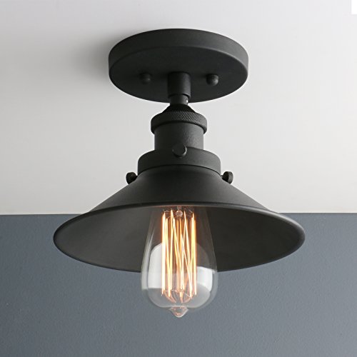 Image of Phansthy Industrial Semi Flush Mount Ceiling Light, 1-Light Pendant Light with 8.1 inch Metal Shade, Vintage Hanging Lamp for Bedroom Kitchen Living Room Dining Room (Cone Metal Shade -Black)