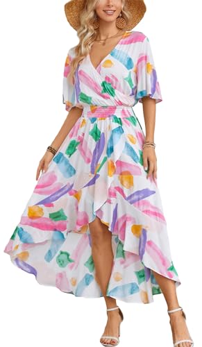 Image of Kormei Women Short Sleeve V Neck Floral High Low Flowy Summer Party Long Maxi Dress