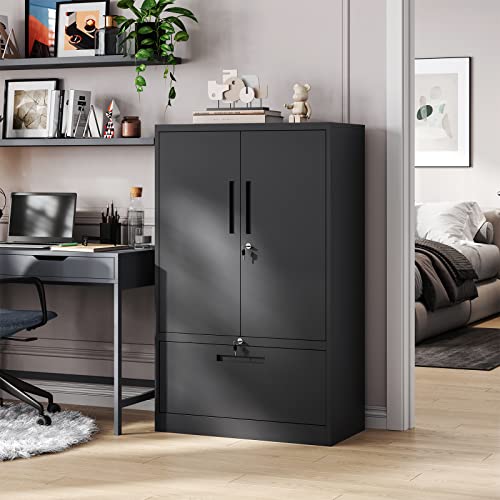Peukc Metal File Cabinet With Drawer, Lockable Vertical Lateral Filing Storage Cabinet, File Cabinet With Storage Cabinet For Home Office, Legal/Letter/A4 Size Steel File Storage Cabinet, Black #TOP1