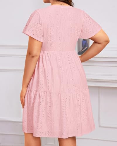 Image of Plus Size Summer Dress - Casual Sundress Beach Short Sleeve V Neck Tiered Button Up Boho Midi Flowy Sun Dresses Women