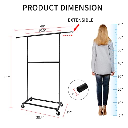 Fishat Black Simple Standard Rod Rolling Clothing Garment Rack, Metal Clothes Organizer with Lockable Wheels