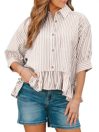 Womens Peplum Top Striped Ruffle Shirts 3/4 Sleeve Button Down Cute Cropped Blouse