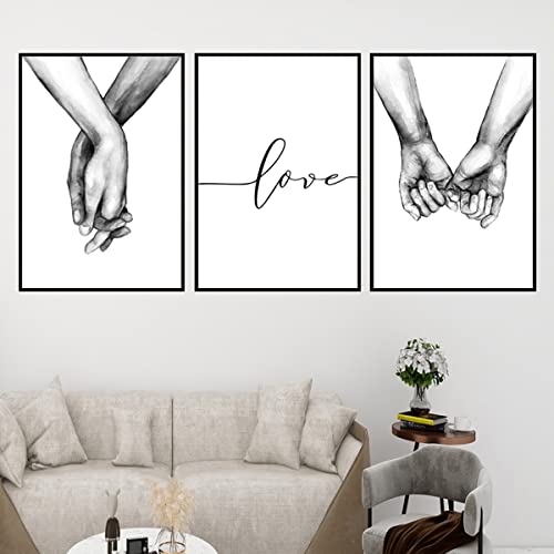 Umelee Set di 3 stampe da parete, stampe su tela mano nella mano, quadri da parete quadri moderni decorazioni da parete per soggiorno camera da letto senza cornice, bianco e nero, 40×50cm
