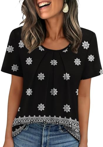 Image of WIHOLL Women T Shirts Pleated Short Sleeve Tops Business Casual Dressy Blouses