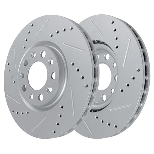 Image of Detroit Axle - Front Brake Kit for 2015-2017 Chrysler 200, 2013-2016 Dodge Dart, Drilled Slotted Disc Brake Rotors Ceramic Brakes Pads with Hardware Replacement: 12.01 inch inch Rotors