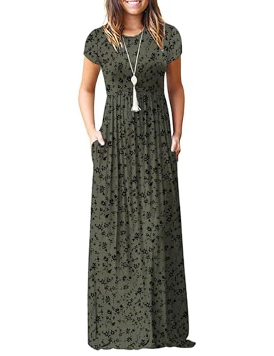 Image of MISFAY Women's Short Sleeve Maxi Dresses Long Casual Dresses with Pockets | Empire Elastic Waist, Crew Neck, Floor Length, Strentchy Flowy A Line Fit, Loose Plain Summer Outfits, Vacation Wear