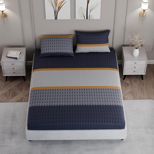 Image of BLISSHOME SoftTouch 150TC Cotton King Size Fitted Bedsheet with 2 Pillow Covers, Silky Smooth Bedding Set, Breathable, Easy Maintain, Geometric Pattern - Blue (183cm x 198cm + 25cm Drop)