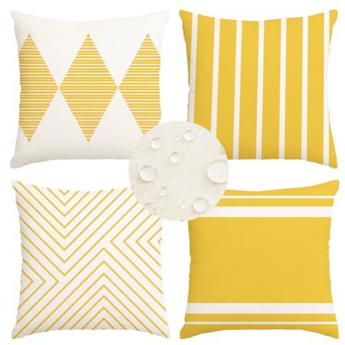 RABUSOFA Yellow and White Outdoor Pillow Covers Waterproof 18x18 inch Boho Summer Cushion Case Set of 4 for Patio Furniture Sunbrella (No Insert)