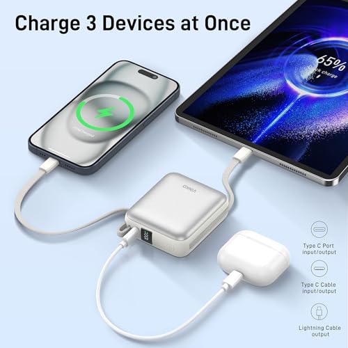 VINKO Small Power Bank with Built-in Cable,10000mAh Fast Charging Power Bank, 22.5W USB C Portable Charger, Mini Battery Pack for iPhone 16 15 14 13 Samsung Galaxy Google Android (White) - Image 4