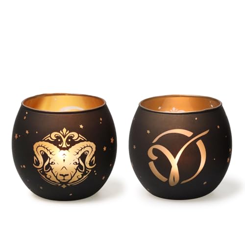 Cadeaux bélier pour femmes et hommes - Lot de 2 photophores en verre avec gravure au laser - Décoration astrologique - Constellation - Cadeau d'anniversaire - Noir et doré