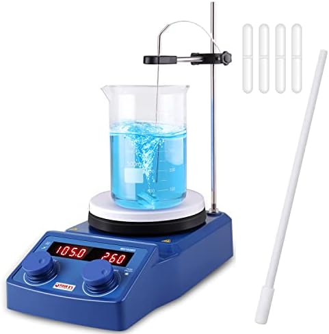 FOUR E'S SCIENTIFIC 280℃/536°F 5 inch Digital Hotplate Magnetic Stirrer Hot Plate Ceramic Coated | 100-1500rpm | 5L | 110V Support Stand Stir Bar Retriever Temp Probe Sensor Stir Bars Included