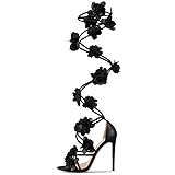 blingqueen Lace Up Floral Knee High Gladiator Sandals Black Wedding Heels Glitter Rose Flowers Straps Heeled Sandals Pointed Open Toe Pumps Sexy Heels for Women Party Pole Dance Shoes Size 7