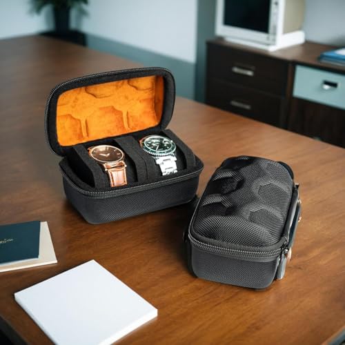 Image of Travel Watch Case Organizer Watch Box With Zipper Heavy Duty Portable Travel Friendly Case Fits all Wristwatches & Smart Watches Up To 60MM Compatible for Apple Watch (Black,2 Slots)