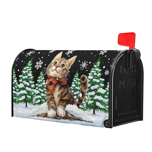 Image of Hello Winter Cat Mailbox Cover Magnetic Standard Size 21 inchx18 inch Merry Christmas Tree Mailbox Wrap Decorative Black Post Letter Box Cover for Courtyard Garden Decor