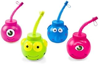 Fun Express Set of 12 Pieces Monster Cups with Lids and Straws, Each Holds 14 oz, BPA Free Plastic, Halloween Party Supplies, Multi-Color
