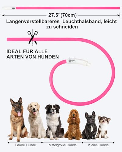 Joytale Leuchthalsband Hund USB Aufladbar Hundehalsband Leuchtend für Große Mittel Kleine Hunde und Welpe, Led Halsband mit 3 Modi für Sicherheit, Rosa