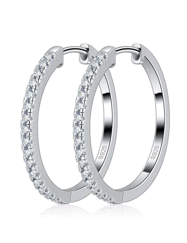 GETLOVE Moissanite Hoop Earrings for Women Round Classic S925 Sterling Silver 18K White Gold Plated Hypoallergenic Lightweight Thick Loops Huggie Earrings 20mm