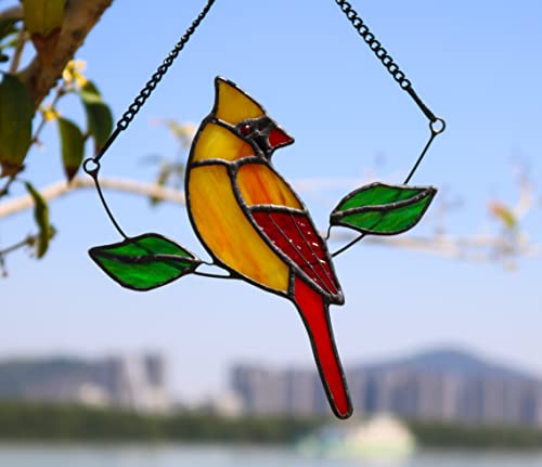 Haosum Northern Cardinal Stained Glass Window Hanging,Birds Ornaments Stained Glass Suncatcher,Cardinal Decor For Housewarming,Cardinal Memorial Gifts For Women,Grandparents,Friends (Female) #TOP2