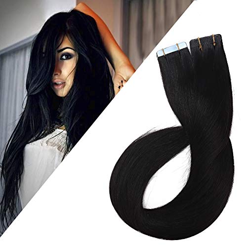 40pcs Thick Tape in Hair Extensions Human Hair 100g Tape in Remy Hair Extension Dark Black 18 inch for Women Seamless Rooted Tape ins Jet Black Long Straight Hair Invisible Double Sided Tape on #1