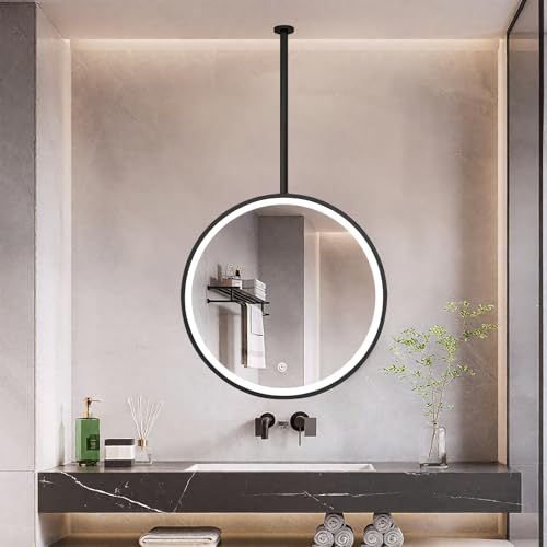 Espejo LED Colgante de Techo con Marco Negro, Espejo de Pared Circular con Brillo de 3 Colores, Espejo Decorativo suspendido para tocador de baño(Diameter-40CM/15.7INCH)