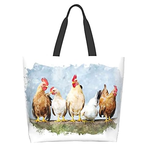 Famame Canvas Tote Bag Large Women Casual Shoulder Bag Handbag Reusable Multipurpose Shopping Grocery Bag, Watercolor Chicken and Roosters Animal, One Size Cover