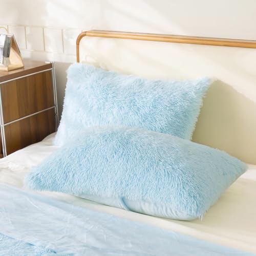 HAIHUA Faux Fur Fluffy Fuzzy Plush Blue Pillow Case Set of 2, Soft Decorative Pillow Covers for Bed, Bedroom, Living Room, Zipper Closure, Standard Size (20"x26", Blue) by HAIHUA - Image 2