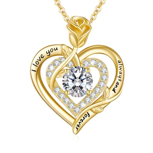 LAVUMO Collar Mujer Corazón Plata de Ley 925 Moissanite Joyas Mujer Regalos para Esposa Mamá Novia en Cumpleaños Navidad Aniversario día de San Valentín (Oro-Grabado)