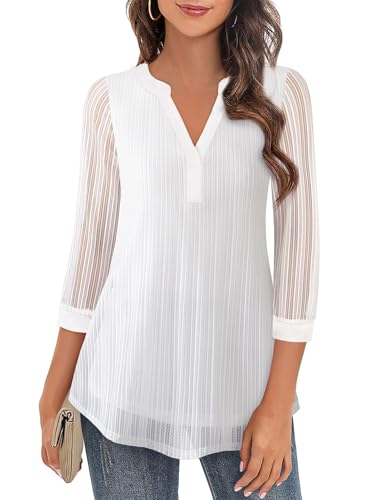Flikity Womens Blouses & Shirts for Work Professional 3/4 Sleeve Ladies Tops Business Casual Dress Shirts Fashion 2024 Office Interview Clothes Chiffon Tunics Tops for Leggings Stripe White S