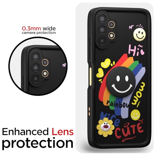 Image of Pikkme Back Cover for Samsung Galaxy A13 4G / A13 5G | Soft Silicone| Cute Rainbow Smile & 3D Cartoon Flower Design | Shockproof Raised Camera Protection Bumper Case (Black)