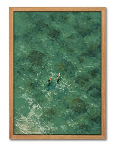 Framed Tiny People Swimming Wall Art, Minimalist Green Two Girls in Ocean Pictures Wall Decor Painting, Abstract Summer Beach Canvas Prints Modern Home Decor for Living Room Bedroom Bathroom ,16x24 inch