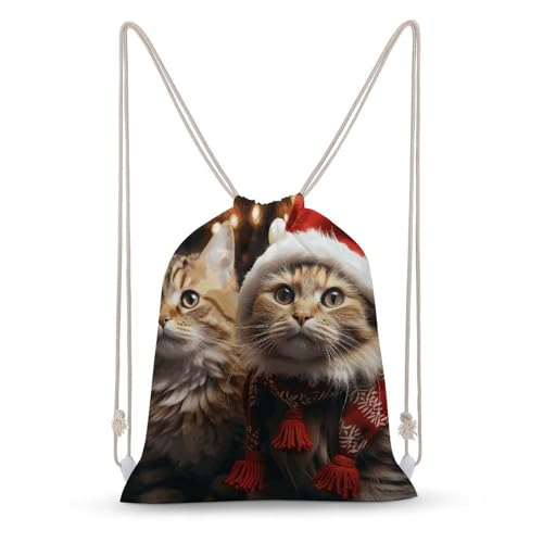 Christmas Cat Drawstring Backpack - Canvas Sports Gym Sackpack, Lightweight String Bag for Beach & Travel