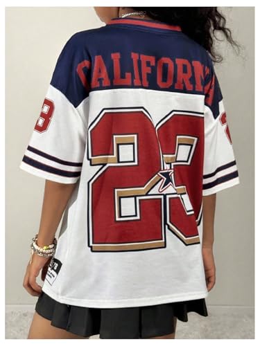 Image of BEAUDRM Girl's Jersey Shirts Leopard Number Print Jersey Shirt Cheetah V Neck Half Sleeve Oversized Tee Tops