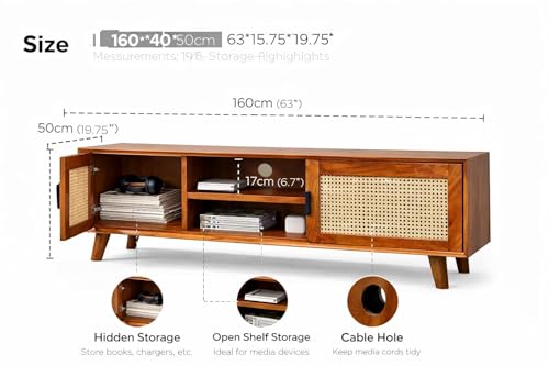 Image of THE KASHTH Premium Solid Wood, 10 Minutes Assembly (Legs Only), Aesthetic Rattan Doors, Mid Century Entertainment Center for Living Room, TV Stand for 65 inch TV, Dark Chocolate (Honey L-014)