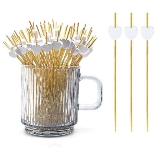 120 pcs 5.9 in long White heart Bamboo Cocktail Heart Toothpicks for Appetizers Natural Bamboo Food Picks for Valentines Day Propose Marriage Wedding Party.