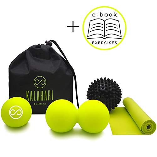 Kalahari Pallina per Massaggio Set - Palla Doppia, Riccio, Lacrosse più Banda Elastica. per automassaggio Miofasciale. Comoda Borsa ed Ebook Esercizi in Italiano.