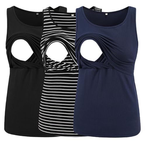 Image of Ecavus Women's 3-Pack Ribbed Nursing Tank Tops Sleeveless Maternity Breastfeeding Shirts Double Layer Pregnancy Clothes