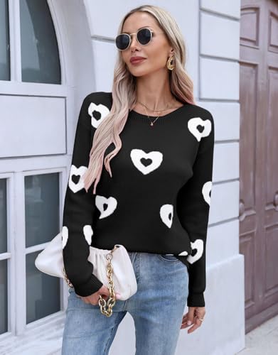 Image of Womens Cute Heart Sweater Crew Neck Long Sleeve Pullover Valentines Sweater